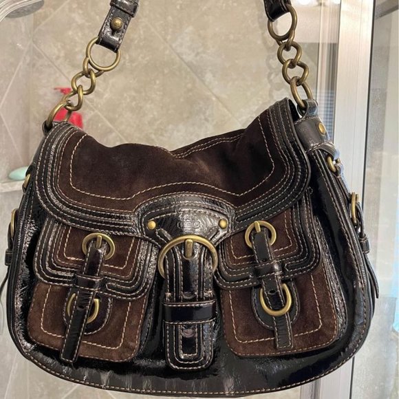Coach Handbags - Vintage Coach Purse Handbag Brown Suede Patent Leather